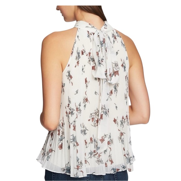1.STATE FLORAL-PRINT PLEATED HALTER TOP SLEEVELESS COLLARLESS CREAM COLOR SIZE M - Picture 2 of 14